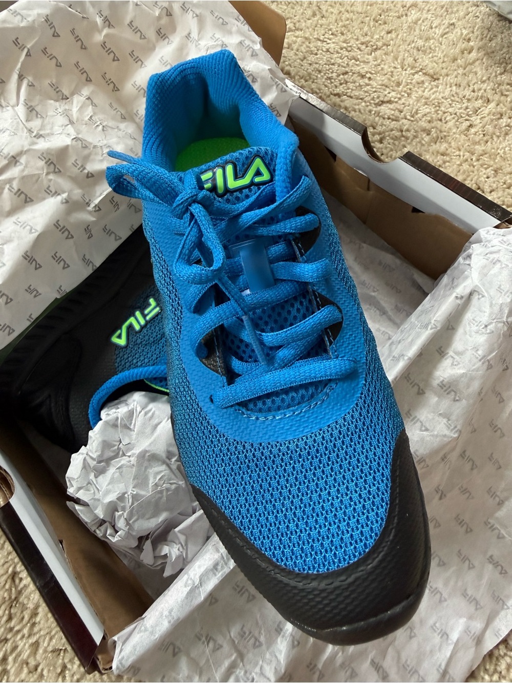 Boys Fila Tennis Shoes size 5 Blue Black NEW in BOX
